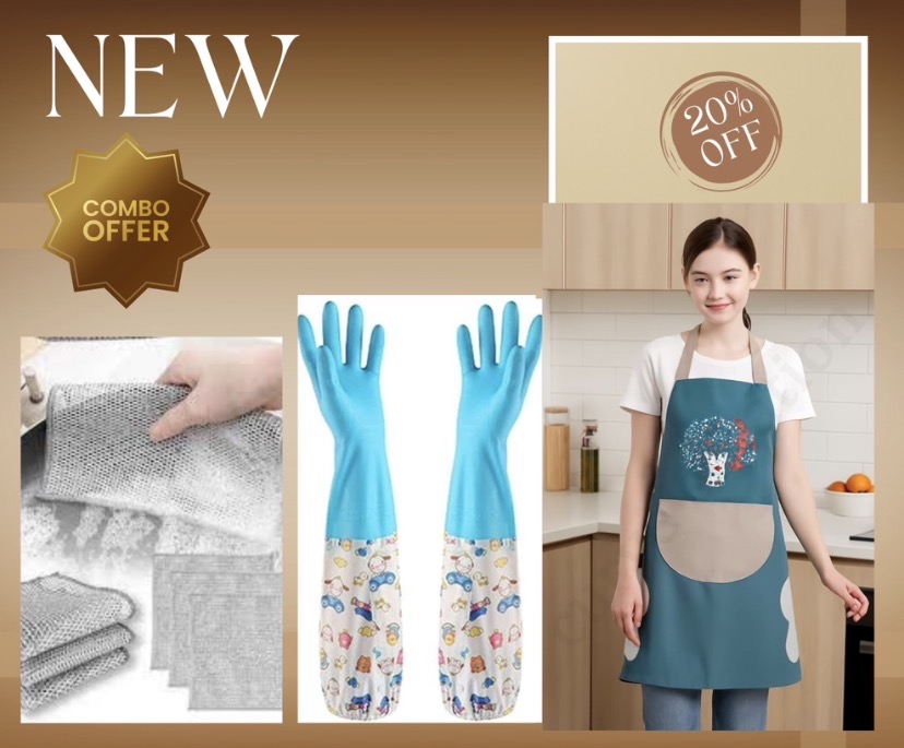 Kitchen Cleaning Combo Pack – Waterproof Apron + Cleaning Gloves + Microfiber Cloths